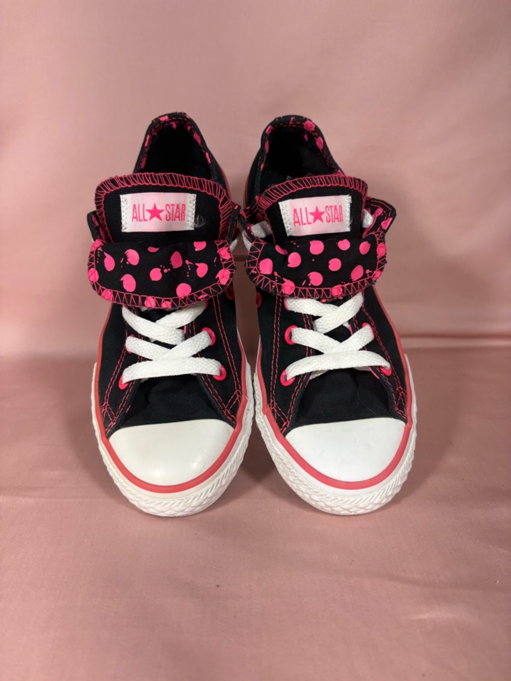 Converse CTAS Double Tongue Blk/Pink/Polka Dot Low Top Sneakers SZ Junior 1